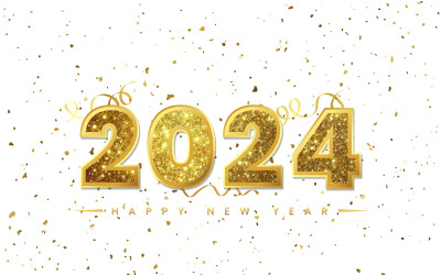 Goldener Schriftzug „Happy New Year 2024“ mit goldenem Konfetti-Hintergrund