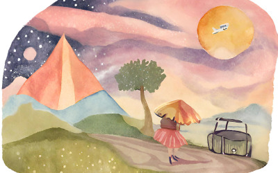 Akvarell illusztrációja egy lány esernyővel és bőrönddel