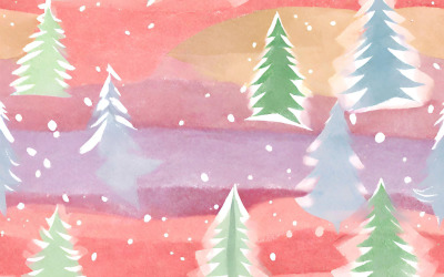 Akvarell jul bakgrund med granar och snöflingor.