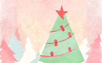 Akvarell karácsonyi háttér fenyő és hópelyhek. vektoros illusztráció