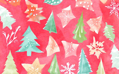 Akwarela Boże Narodzenie wzór z akwarelowymi drzewami i płatkami śniegu