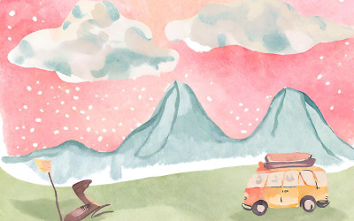 Akwarela ilustracja przedstawiająca samochód kempingowy na tle gór