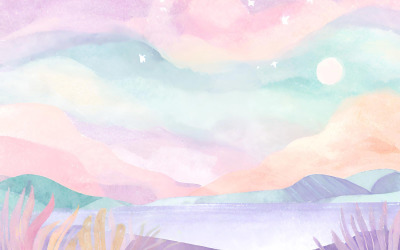Akwarela ręcznie malowany krajobraz z górami, chmurami i oceanem
