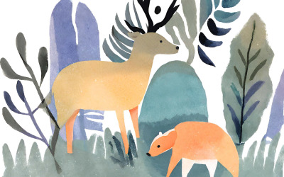 Handritad akvarellillustration av en hjortfamilj i skogen