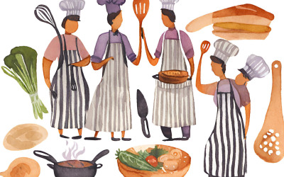 Illustration d&amp;#39;un groupe de cuisiniers avec un ensemble d&amp;#39;ustensiles de cuisine