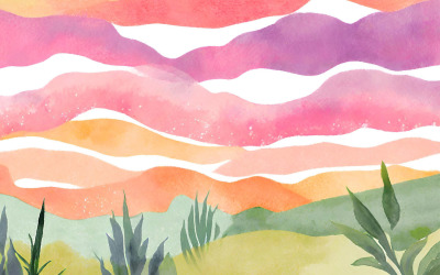 Paesaggio ad acquerello con colline, alberi, nuvole e sole. Illustrazione disegnata a mano