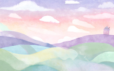 Paysage aquarelle avec montagnes, ciel et nuages. Illustration dessinée à la main