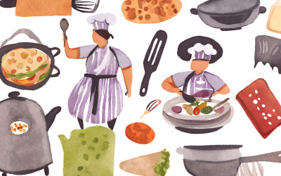 Seamless mönster med köksredskap. Akvarell illustration