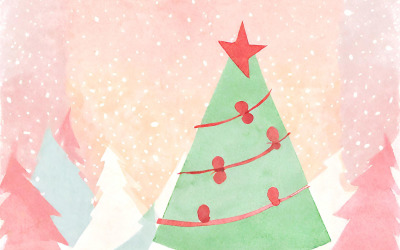 Sfondo di Natale ad acquerello con abete e fiocchi di neve. Illustrazione vettoriale
