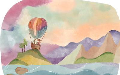 Sıcak hava balonu ve dağlarla suluboya manzara. Elle çizilmiş illüstrasyon