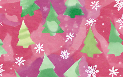 Watercolor christmas background with fir trees and snowflakes