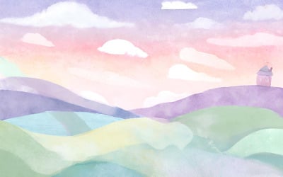 Watercolor landscape with mountains, sky and clouds. Hand drawn illustration