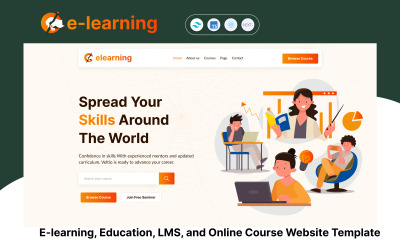 Elearning: aprendizaje electrónico, educación, LMS y cursos en línea reaccionan a la siguiente plantilla de sitio web JS