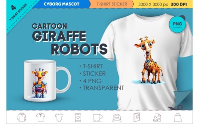 Tecknade giraffrobotar. T-shirt, klistermärke.