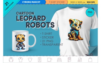 Tecknade leopardrobotar. T-shirt, klistermärke.