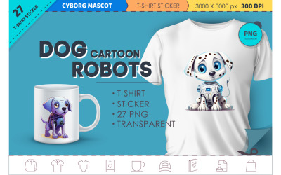 Tecknade hundrobotar. T-shirt, klistermärke.