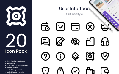 Conjunto de ícones da interface do usuário, estilo de contorno 3