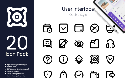 Набор значков пользовательского интерфейса, стиль контура 3