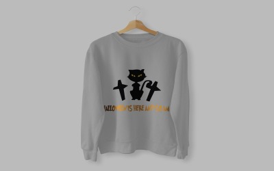Cadılar Bayramı Burada Ben de Kedi T-Shirt Tasarım Vektör Dosyası