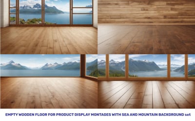 Leerer Holzboden für Produktpräsentationsmontagen mit Meer- und Berghintergrund. Hochwertiges Foto