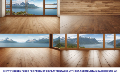 Lege houten vloer voor productdisplay-montages met zee- en bergachtergrond. Foto van hoge kwaliteit