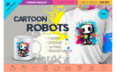Lindo robot de dibujos animados. Camiseta, pegatina.