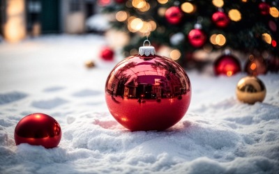 Piros karácsonyi labda dísz a havon, karácsonyfa és fények