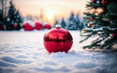 Rode kerstbal in de sneeuw met kerstboom en verlichting
