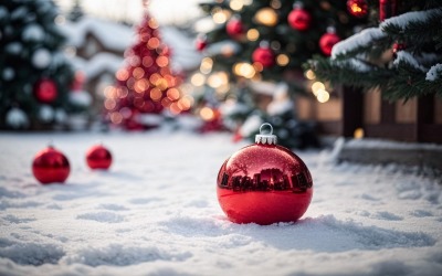 雪地上的红色圣诞球装饰品，圣诞树和灯光模糊