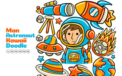 Hombre, astronauta, kawaii, garabato, vector, ilustración