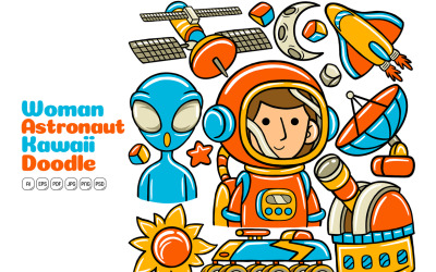 Mulher astronauta kawaii doodle ilustração vetorial