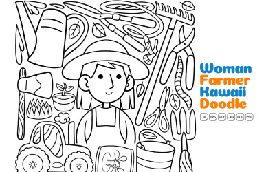 Kadın Çiftçi Kawaii Doodle Vektör Çizim Hat Sanatı