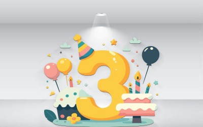 Zahl 3, Geburtstag, Mit, Luftballons, Vektor, Illustration