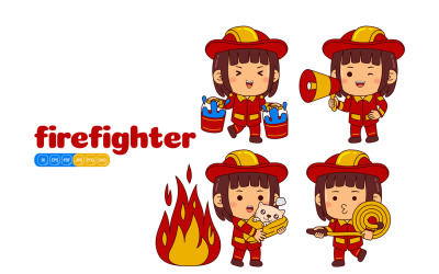 Schattig brandweerman meisje vectorpakket #02