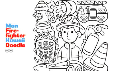 Man Firefighter Kawaii Doodle Vector Illustration Line Art