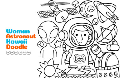 Kvinna Astronaut Kawaii Doodle Vector Illustration Line Art
