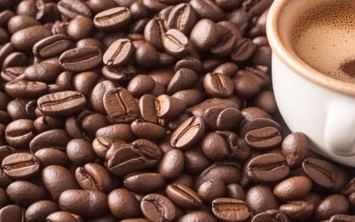 Ilustração de fundo de grãos de café com uma xícara de café e espuma