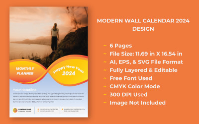 Design moderního 6stránkového nástěnného kalendáře 2024