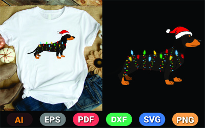 Boże Narodzenie pies z kapeluszem Świętego Mikołaja i światłami T Shirt Design