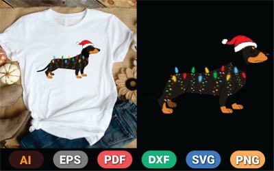 Boże Narodzenie pies z kapeluszem Świętego Mikołaja i światłami T Shirt Design