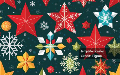 Festive and Fun Pattern with Bright Stars and Snowflakes on a Dark Blue Background