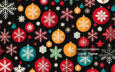 Lebendiges und auffälliges Feiertagsmuster mit Ornamenten und Schneeflocken auf schwarzem Hintergrund