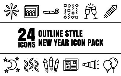 Outlizo - Pack d&amp;#39;icônes polyvalent de bonne année dans le style de contour