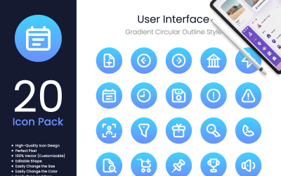 Estilo de contorno circular gradiente do pacote de ícones da interface do usuário