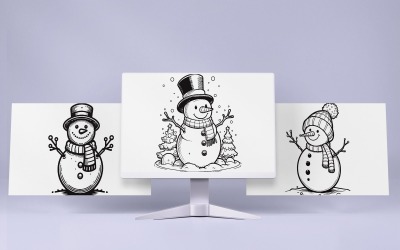 Collection Of 3 Snowman Illustration Black Outline Vector Template