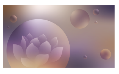 Bakgrundsbild 14400x8100px i lila färgschema med lotus och sfärer