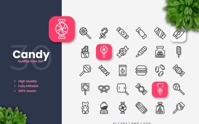 Conjunto de 30 ícones de contorno de doces