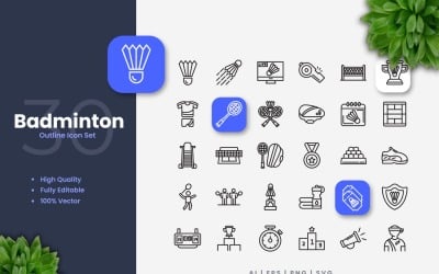 Conjunto de 30 iconos de contorno de bádminton