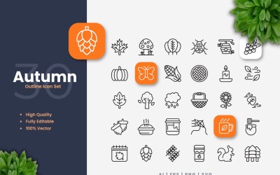 Conjunto de 30 iconos de contorno de otoño