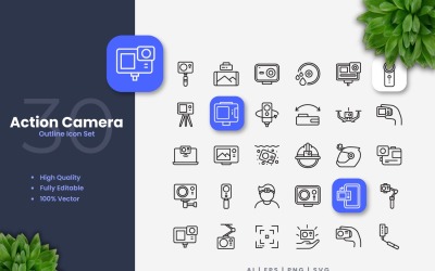 Set di 30 icone di contorno della fotocamera d&amp;#39;azione